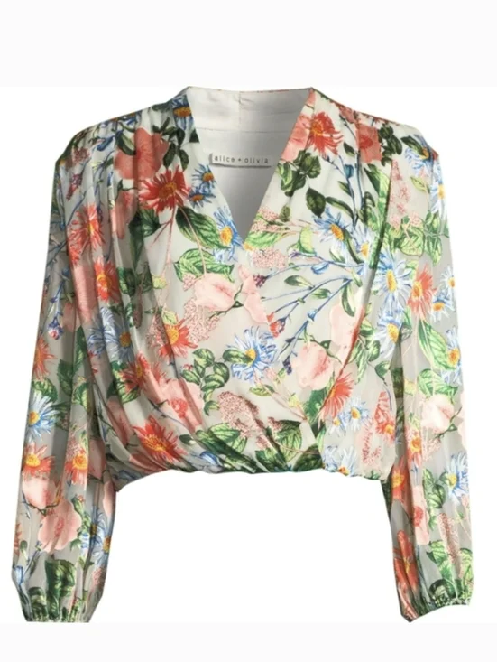 Alice + Olivia Trista Silk Blend Cross Front Blouson Top Floral Print Sz.M - Picture 1 of 8
